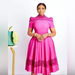 Pink full pleated dress short sleeve hand embellished with Pearl